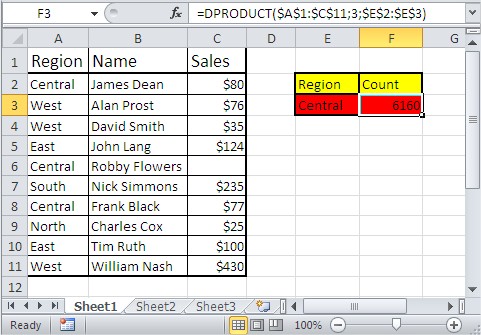 Excel database functions dproduct
